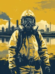 Man in a yellow hazmat suit stands in front of a factory