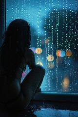 Woman is sitting in a window with raindrops on the glass