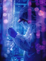 Man in a lab coat is wearing a mask and gloves