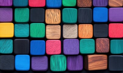 Fototapeta premium Colorful wooden blocks in various textures and shades arranged in a grid pattern for fun and creative backgrounds or educational projects