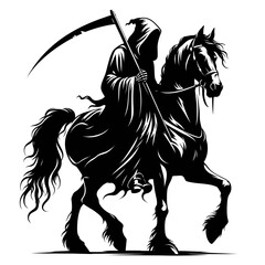 A dark grim reaper hooded figure rides on horse silhouette black color vector white background