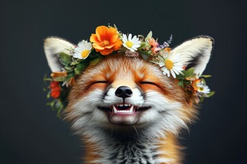 Obraz premium Cute baby animal fox wearing fierce flower circlet on its head - symbol of sunny warm season. Isolated dark black background, copy space, ad visual idea. Wild animal with floral garland.