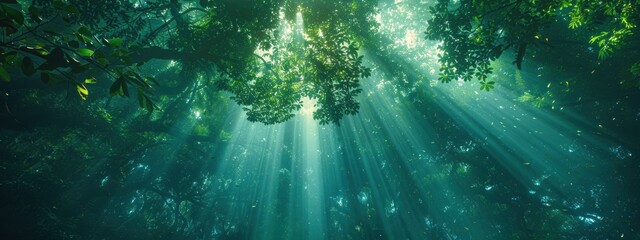 Lush green forest with sunlight shining through the trees