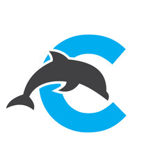Initial Monogram Letter C Dolphin Logo Design Concept With Whale Symbol