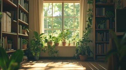 식물과 자연광이 가득한 평화로운 실내, AI 생성