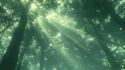 Forest with sunlight shining through the trees
