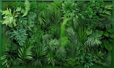 Fototapeta premium Lush Green Tropical Plant Wall Background Featuring Various Leaves, Ferns, and Foliage in a Natural and Vibrant Setting for Interior Decor and Nature Themes