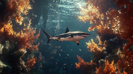 Fototapeta premium Majestic Shark Swimming Gracefully Through Colorful Coral Reef Underwater in Ocean