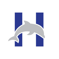 Initial Monogram Letter H Dolphin Logo Design Concept With Whale Symbol