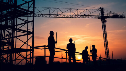 Construction workers stand silhouetted against a sunset, surrounded by scaffolding and towering cranes, symbolizing progress, teamwork, and urban development.