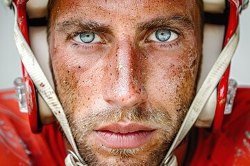 Man with a red helmet and blue eyes