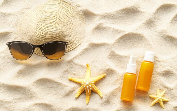 Summer Beach Essentials,  Sunglasses, Hat, Sunscreen, Starfish on Sand