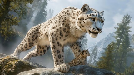 Majestic Snow Leopard and Its Cub Roaming the Rocky Terrain in a Misty Mountain Landscape