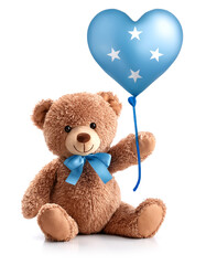 ミクロネシアの国旗のハート型風船を持ったかわいいクマのぬいぐるみ。白背景。(Cute teddy bear holding a heart-shaped balloon with the Micronesia flag on white background.)
