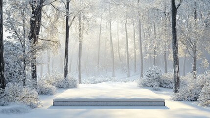 Obraz premium Winter snowy forest stage, sunrise backdrop, product display