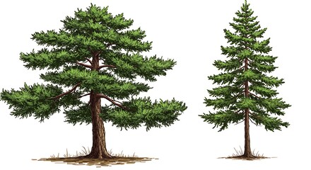 Obraz premium Illustration of Two Evergreen Pine Trees with Green Needles and Brown Trunks