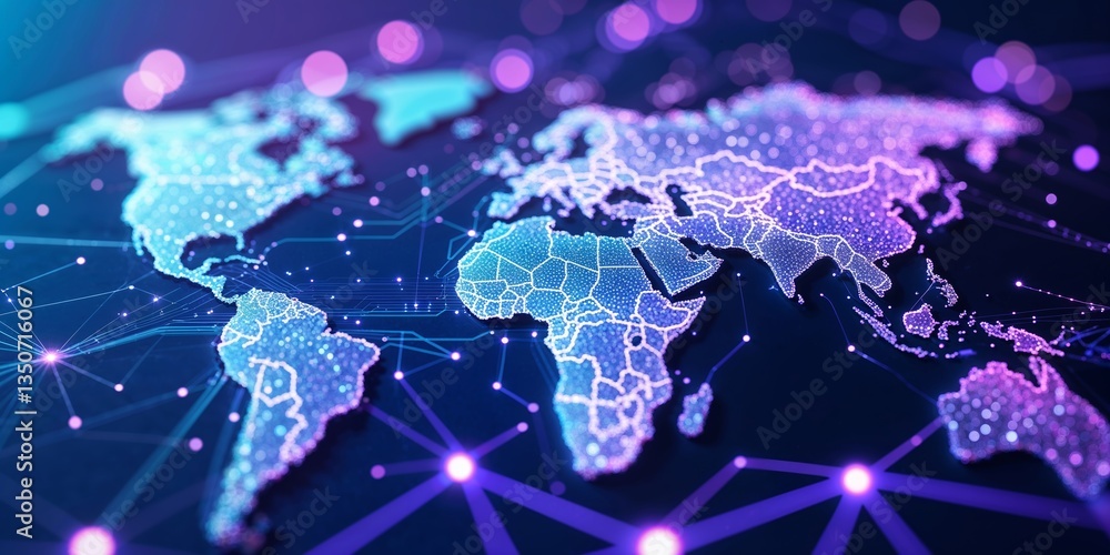 Poster digital world map with glowing connections showing global networks and data exchange at night