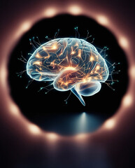 A brain emitting powerful energy and inspiration, symbolizing technological innovation.