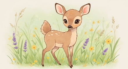 Cute Fawn Standing in Meadow with Flowers Illustration for Children