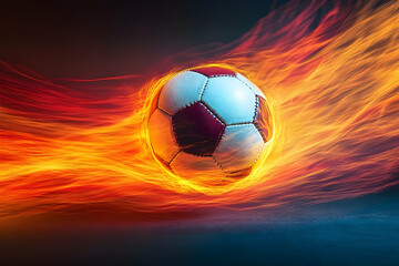 Obraz premium A dynamic soccer ball engulfed in flames, symbolizing speed and energy in a dramatic backdrop