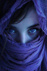 Woman with blue eyes is wearing a purple scarf