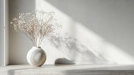 White vase with flowers sits on a concrete floor