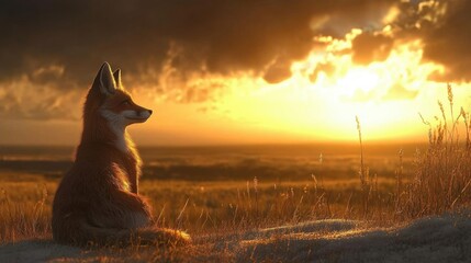 Serene Profile of a Fox Against a Stunning Sunset Over an Expansive Landscape in Nature