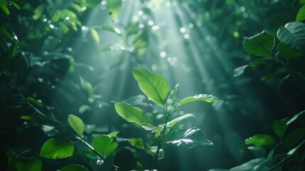 Lush green forest with sunlight shining through the leaves