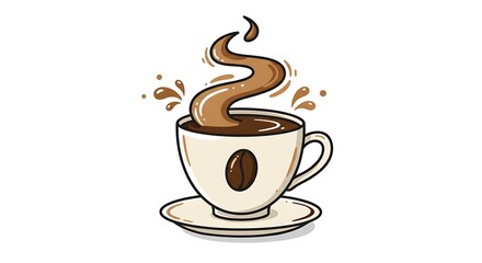 Obraz premium Steaming Hot Coffee Cup Illustration with Bean Design and Splash