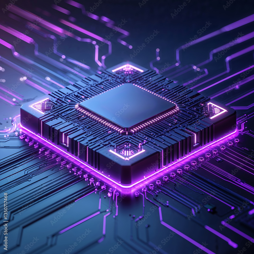 Poster futuristic microchip on a circuit board showcasing advanced technology and glowing elements