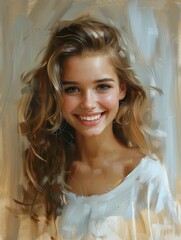 Girl with long brown hair is smiling and wearing a white shirt