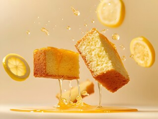 Levitating lemon pound cake slices with dripping glaze