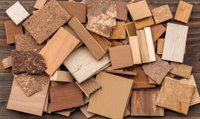 Fototapeta premium Collection of Various Natural Wood Samples on a Rustic Table for Crafting, Design, and Home Improvement Projects Featuring Different Textures and Colors