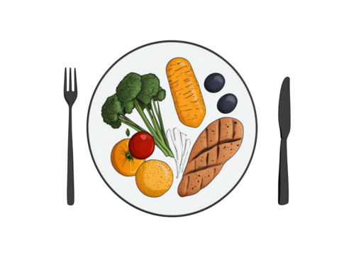 Illustrated Plate of Healthy Foods Featuring Vegetables, Bread, and Fruits