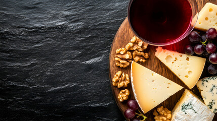 Delicious cheese and wine pairing on a dark background. Perfect for menus, blogs, and websites related to food, wine, and gourmet experiences.