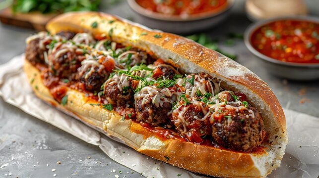 American meatball sub sandwich marinara and cheese diagonally placed on white surface