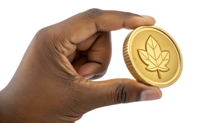 hand holding a gold coin with leaf icon