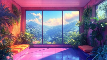 Colorful Lofi Empty Interior with a Calm Jungle View in Anime Manga Style