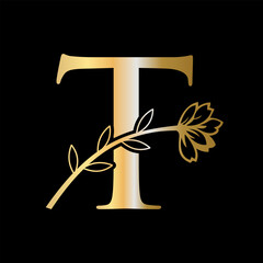 Letter T Floral Logo Design Concept With Flower Symbol For Luxury, Fashion, Boutique Sign