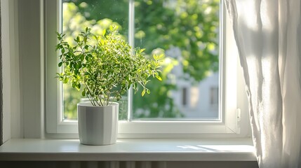 창가에 놓인 화분과 자연광, AI 생성