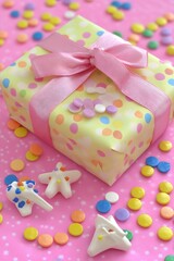 Adorable Gift Box with Pink Ribbon and Colorful Sprinkles