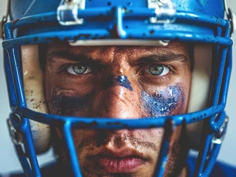 Man wearing a blue football helmet with a blue face mask