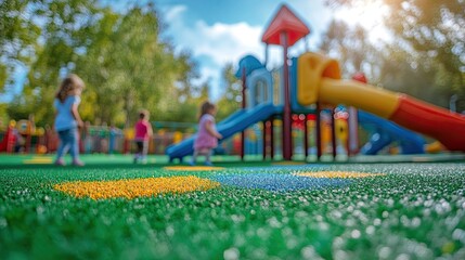 A sunny day with children playing on colorful playground equipment on artificial turf