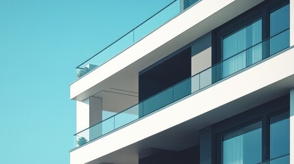 Fototapeta premium Modern apartment building exterior, clear blue sky, architectural design, urban scene, for use in real estate advertising or architecture portfolios