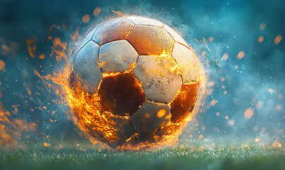 An intense soccer ball engulfed in flames, set against a vibrant, smoky background on a grassy field