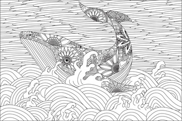 Whale In Waves Coloring Page For Adult Vector
