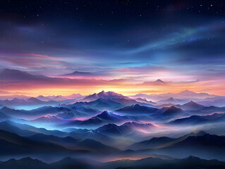 Vibrant Sunset Over Misty Mountains Under Starlit Sky