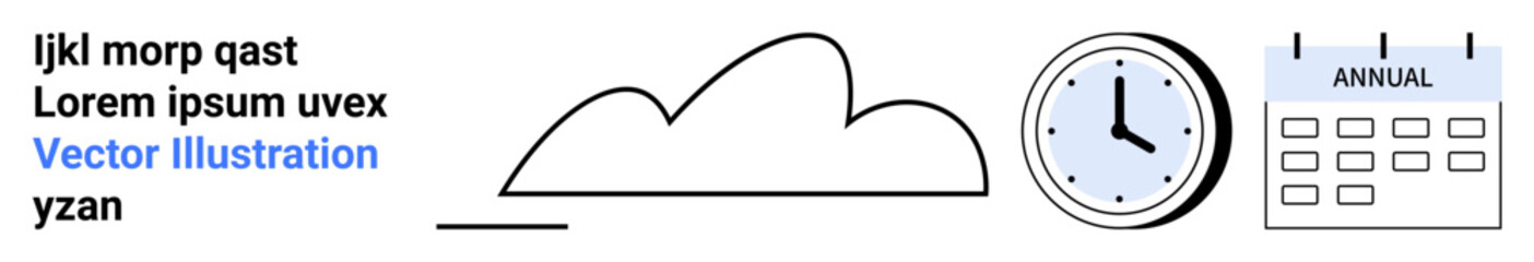 Cloud shape, clock, and calendar with bold labels. Ideal for time management, scheduling, organization, cloud data, productivity, digital tools and simple landing page