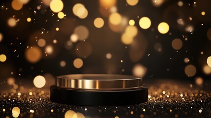 Abstract gold podium background with golden glitter and bokeh lights. Ready for display, product montage, stage showcase, promotion display.