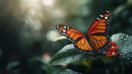Vibrant Monarch Butterfly Perched on Dewy Green Leaf in Lush Natural Setting with Sunlight